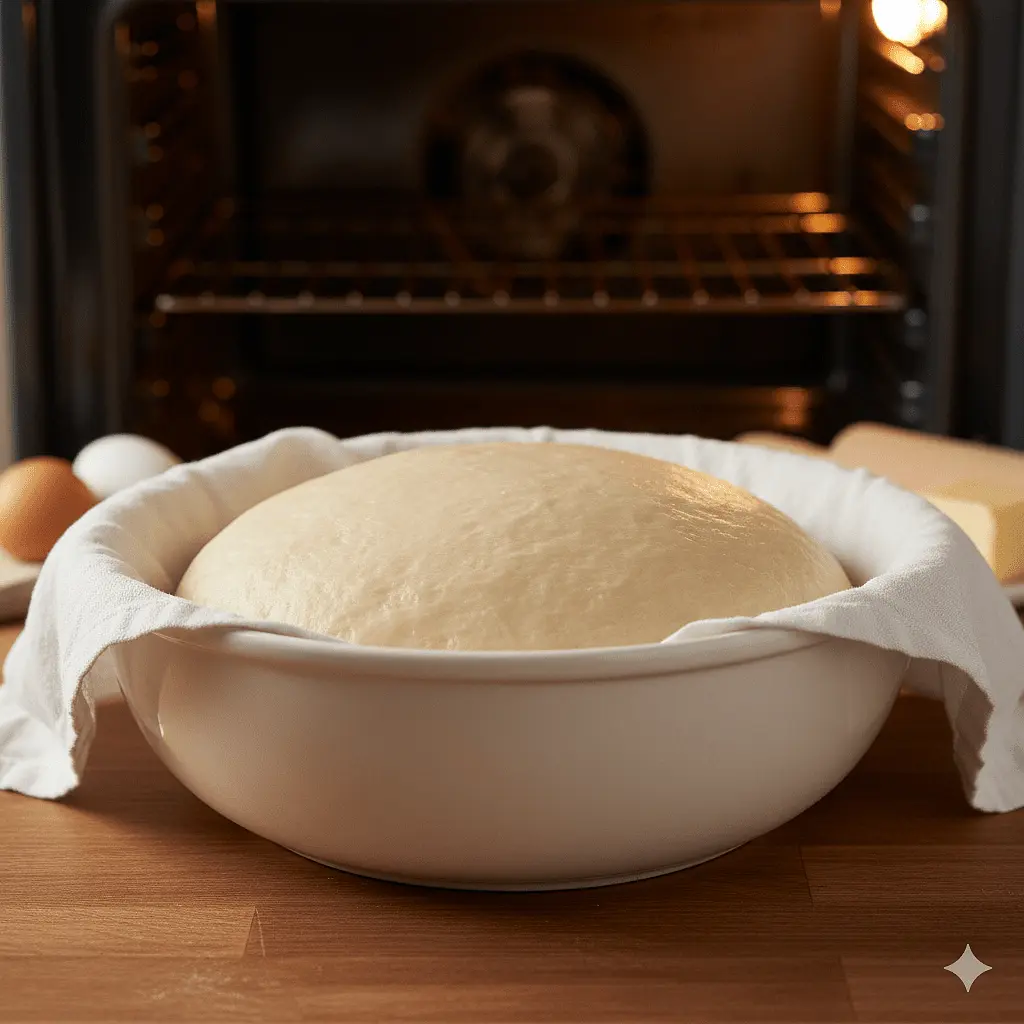 ​4. Lievitazione
​Metti l'impasto in una ciotola infarinata, copri con un canovaccio o pellicola e lascia lievitare in un luogo riparato (come il forno spento con la luce accesa) per 3 o 4 ore, o comunque fino al raddoppio del volume.