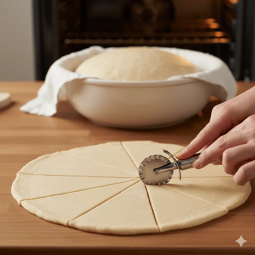 ​5. Formazione dei cornetti
Una volta lievitato, prendi l'impasto e stendilo con un matterello su una spianatoia fino a ottenere uno spessore di circa 5 mm. Con una rotella tagliapasta, ritaglia dei triangoli con la base larga e la punta allungata.