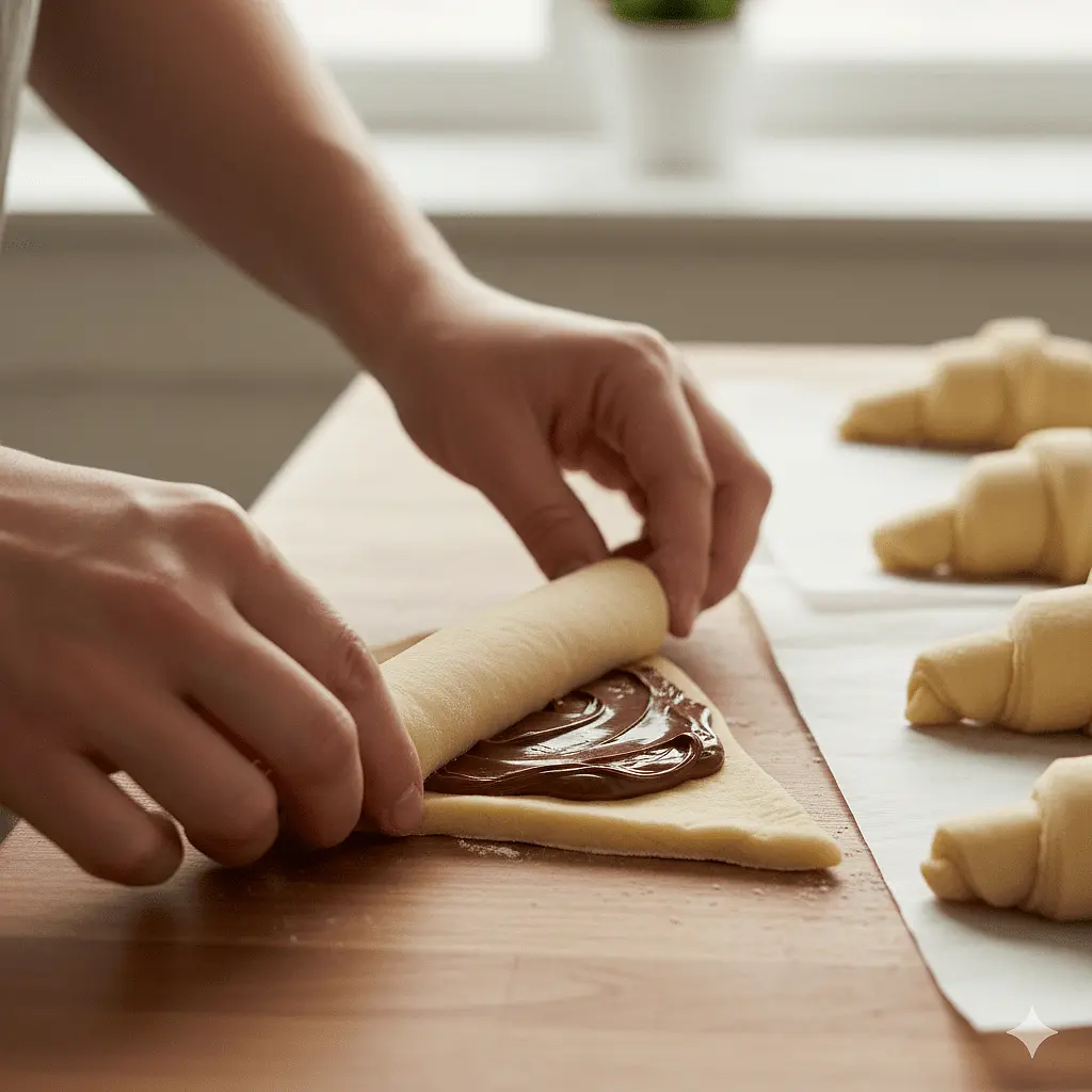 ​​6. Farcitura e chiusura
Posiziona un cucchiaino di crema o Nutella alla base di ogni triangolo. Inizia ad arrotolare partendo dalla base verso la punta, sigillando bene i bordi per evitare che il ripieno fuoriesca.
