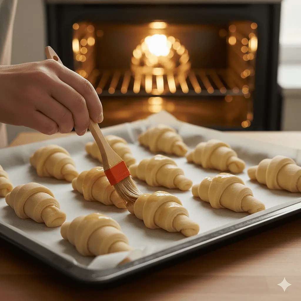 ​7. Cottura
Disponi i cornetti su una teglia con carta forno. Spennella con un po' di latte o uovo sbattuto (opzionale) e inforna a 180°C in forno statico per circa 15-20 minuti, o finché non saranno ben dorati.