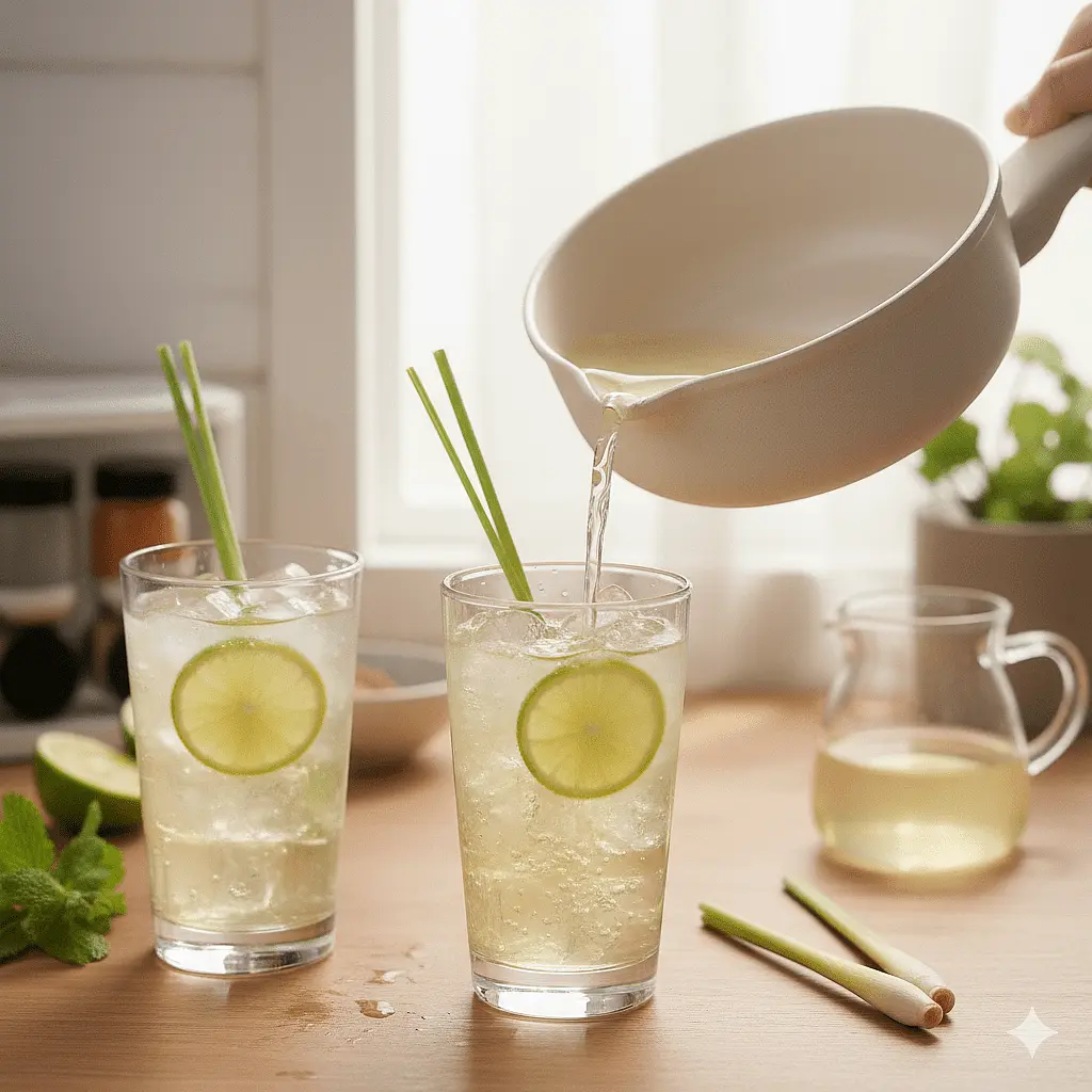 Serve: Fill two tall glasses with plenty of ice. Pour the lemongrass tea over the ice.