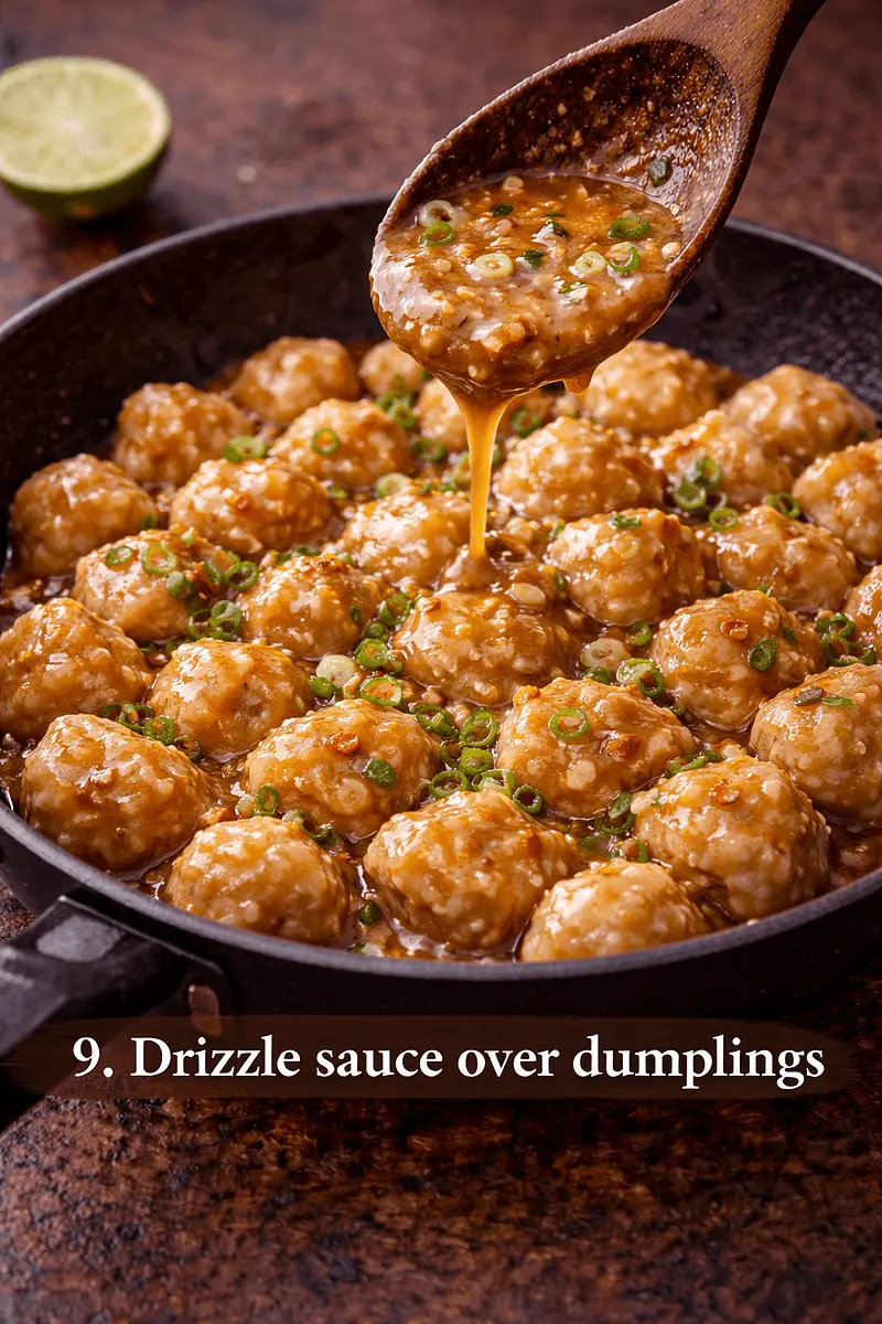 Add the sauce and 2–3 tablespoons of the dumpling cooking water to drained dumplings.