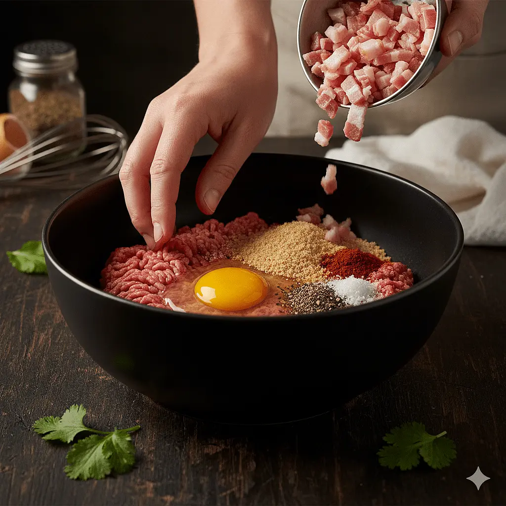 Prep the Meat: In a large bowl, thoroughly mix the ground beef, finely diced bacon, breadcrumbs, egg, cumin, garlic powder, and pepper. Shape into 4 to 6 oval-shaped patties.