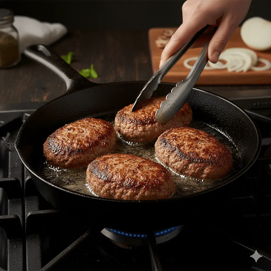 Sear: Place patties in a large skillet over medium heat. (You don't need oil; the bacon will provide plenty). Cook for 5–6 minutes per side until a dark, crispy crust forms. Remove the patties and set aside, leaving about 2 tablespoons of the rendered fat in the pan.