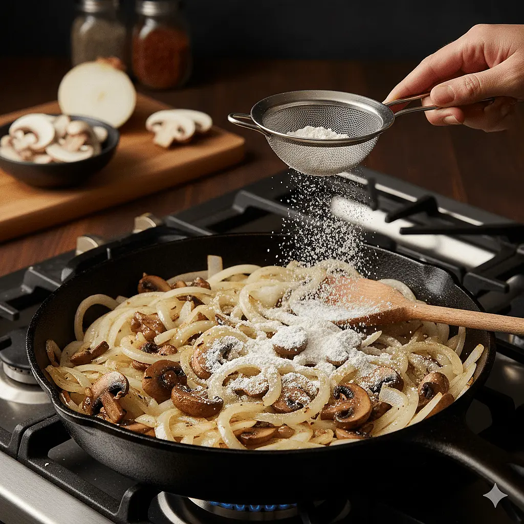 Thicken: Sprinkle the flour over the vegetables and stir constantly for about 1 minute. This creates a "bacon roux."