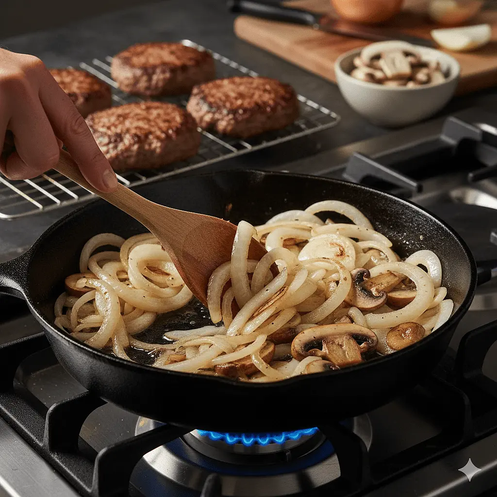 Sauté: Toss the sliced onions and mushrooms into that hot bacon fat. Sauté over medium-high heat until the onions are caramelized and the mushrooms are golden brown.
