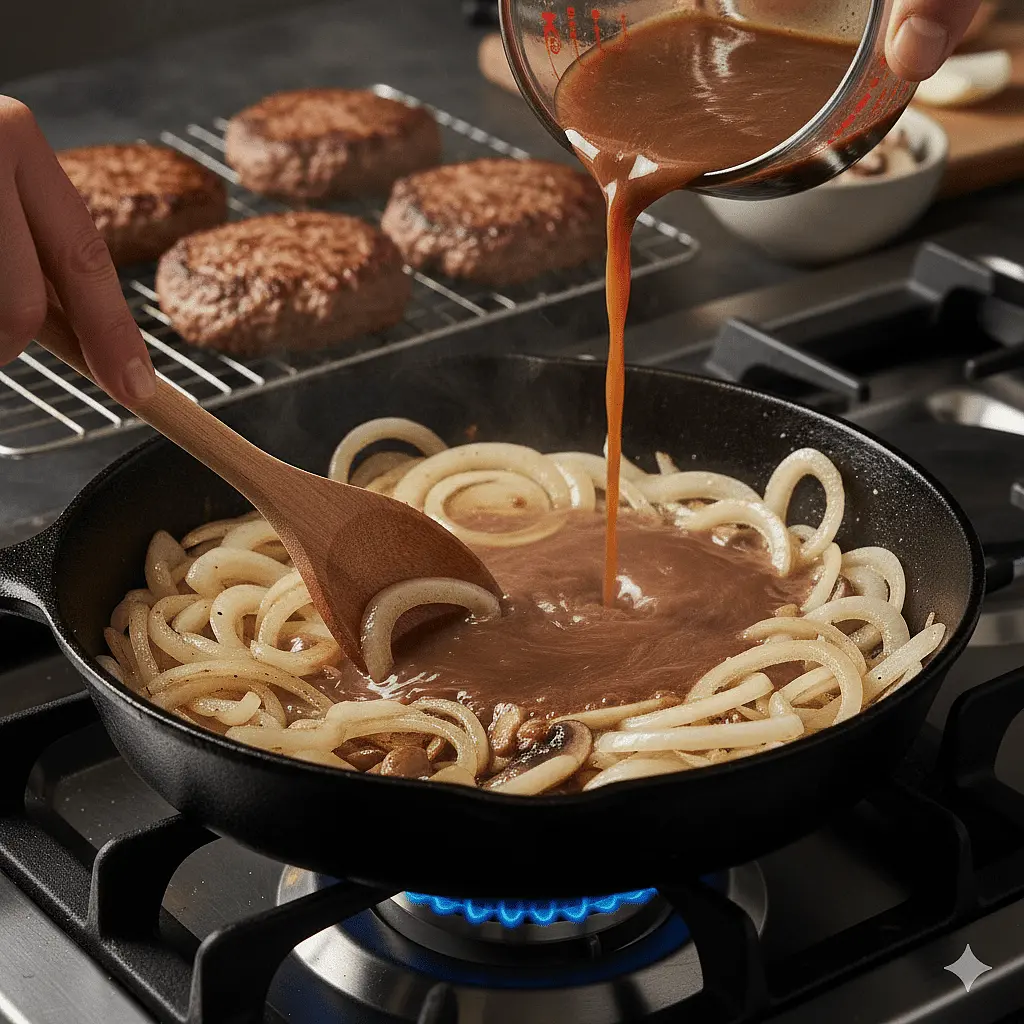 Simmer: Slowly pour in the beef broth and Worcestershire sauce while whisking or stirring. Bring to a low boil, then turn the heat down to a simmer.