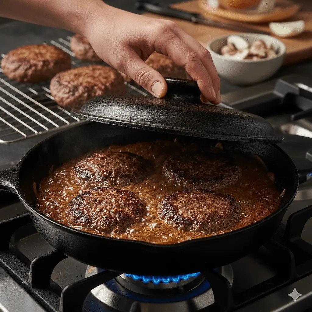 Finish: Add the patties back into the gravy. Cover and simmer for 10 minutes. This ensures the bacon inside the patties is fully rendered and the beef is juicy.
