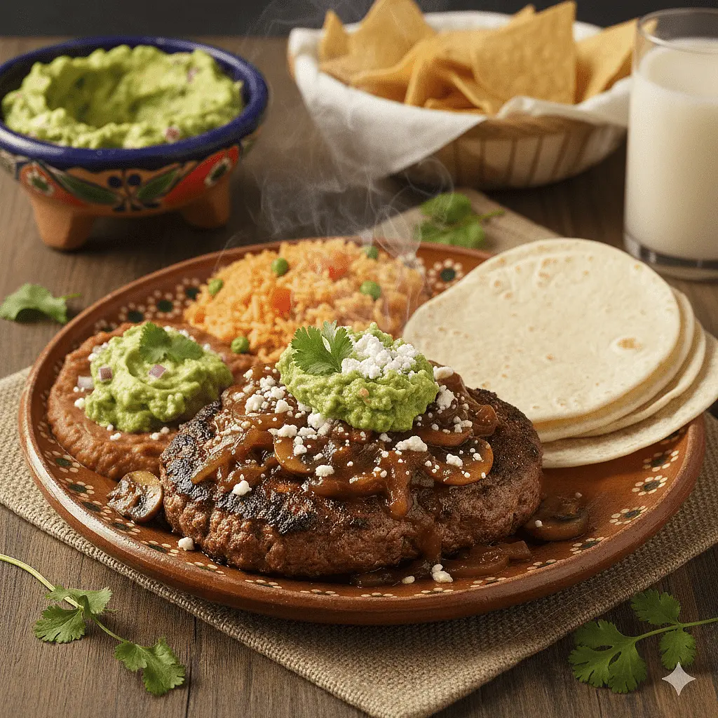 Serve: Place a patty on each plate, smother with the onion-mushroom gravy, and top with a mountain of queso fresco and a massive scoop of guacamole. Serve the rice, beans, and warm tortillas on the side.
