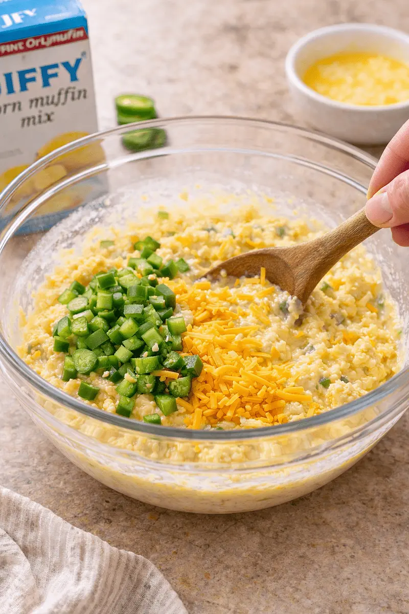 Fold in diced jalapenos (and cheddar/melted butter if using).