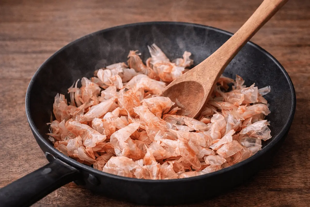 Dry the shrimp shells
Put the shrimp shells into a dry frying pan (no oil yet).
Cook on medium heat for 5–8 minutes, stirring occasionally.
The shells will release moisture at first. Continue heating until: the water evaporates, the pan stops steaming.
This step prevents oil from splattering later.