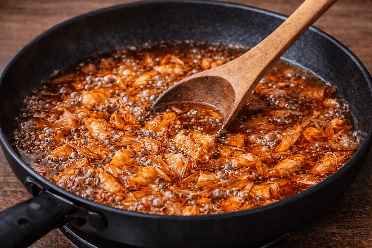 Add the oil and gently heat
Pour the oil into the pan until the shells are mostly covered.
Heat very gently for 15–20 minutes on low heat.
The oil should only barely bubble — do not let it fry aggressively.