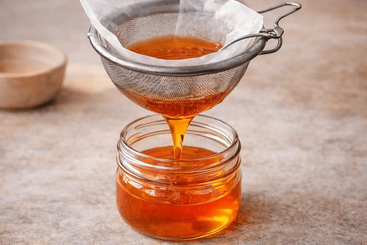 Strain the oil
Turn off the heat and let the oil cool slightly.
Strain through:
a fine sieve
then a coffee filter or paper towel for a clearer oil.
The finished oil should be bright orange and very aromatic.