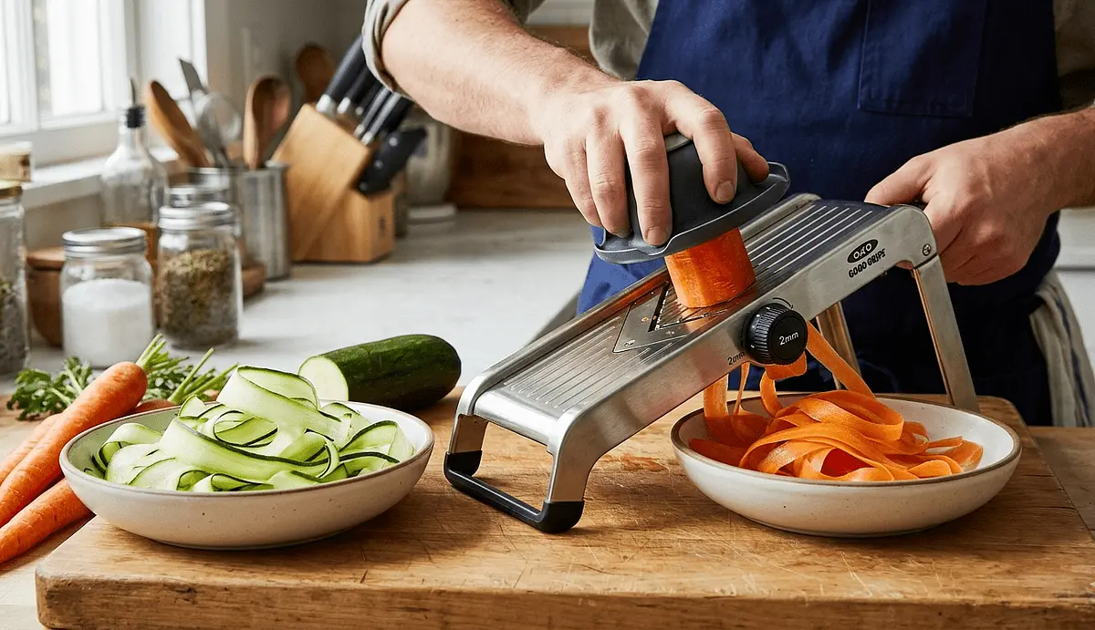 ​Mandoline Work: Slice the carrots and zucchini into ribbons precisely 2\text{mm} thick. If they are too thick, they won't bend; if too thin, they’ll tear.