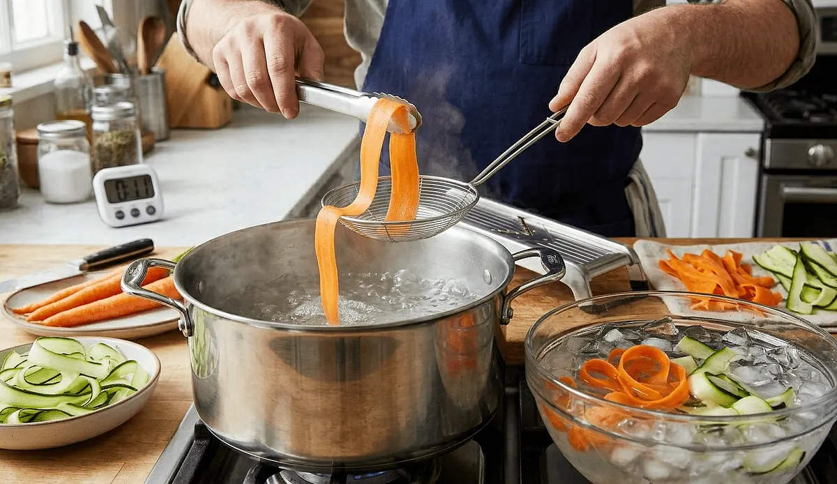 The Blanch: Prepare a pot of boiling water and an ice bath. Blanch the ribbons for 10–12 seconds only. They must be pliable but still "snap" slightly.