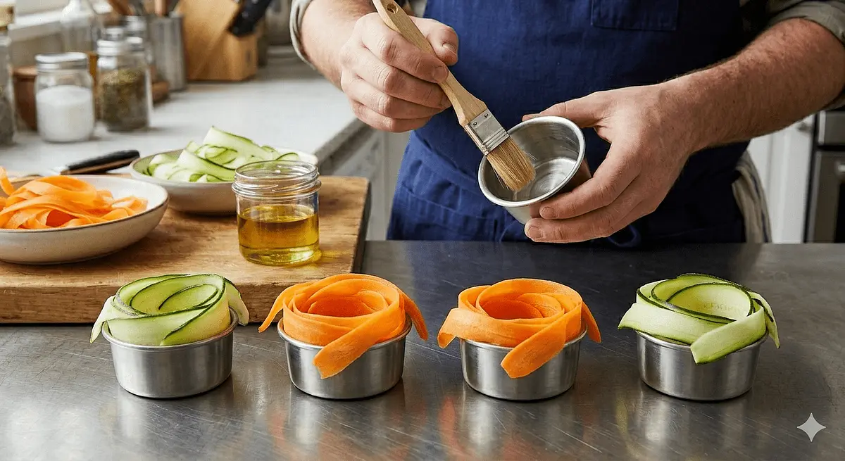 The Lining: Brush your dariole molds with a tiny bit of neutral oil. Lay the ribbons vertically, slightly overlapping each other, ensuring the bottom (which will become the top) is completely covered. Leave some overhang at the top to fold over later.