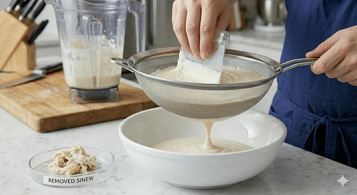 The Sieve: Force the mixture through a fine tamis (mesh sieve) using a plastic scraper. This removes any "sinew" and ensures a Michelin-star texture.