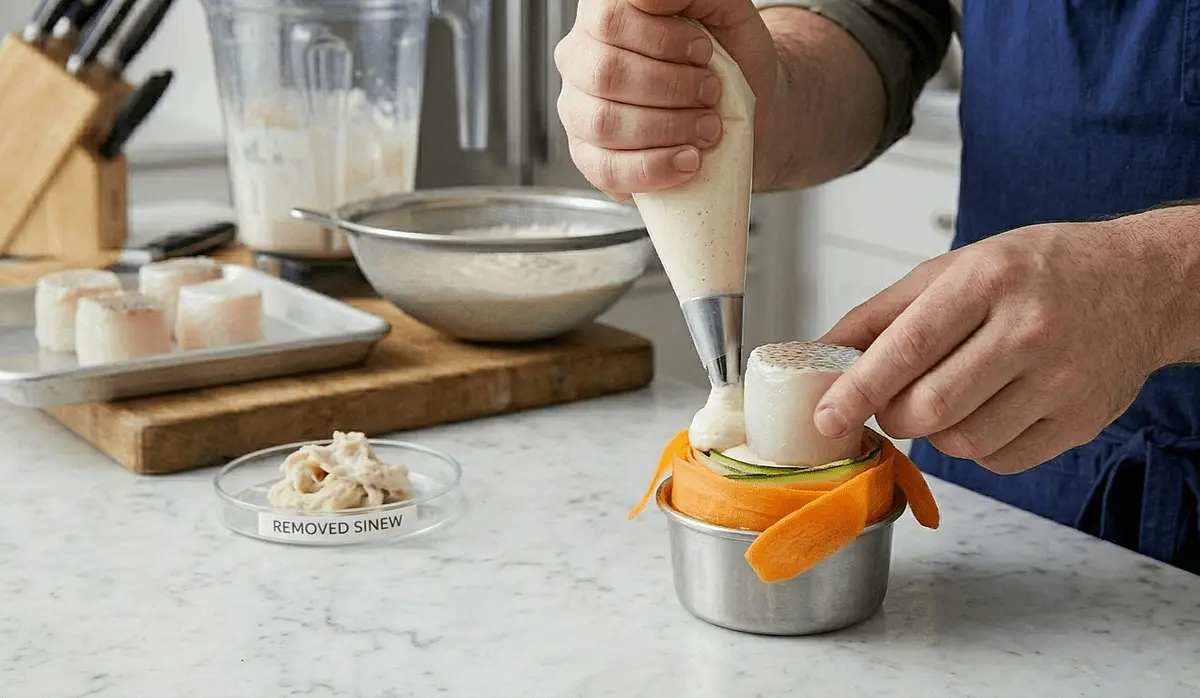 Filling: Pipe a 1 cm layer of mousse into the bottom of the lined mold. Place your Sea Bass cylinder in the center. Pipe the remaining mousse around the sides and over the top.