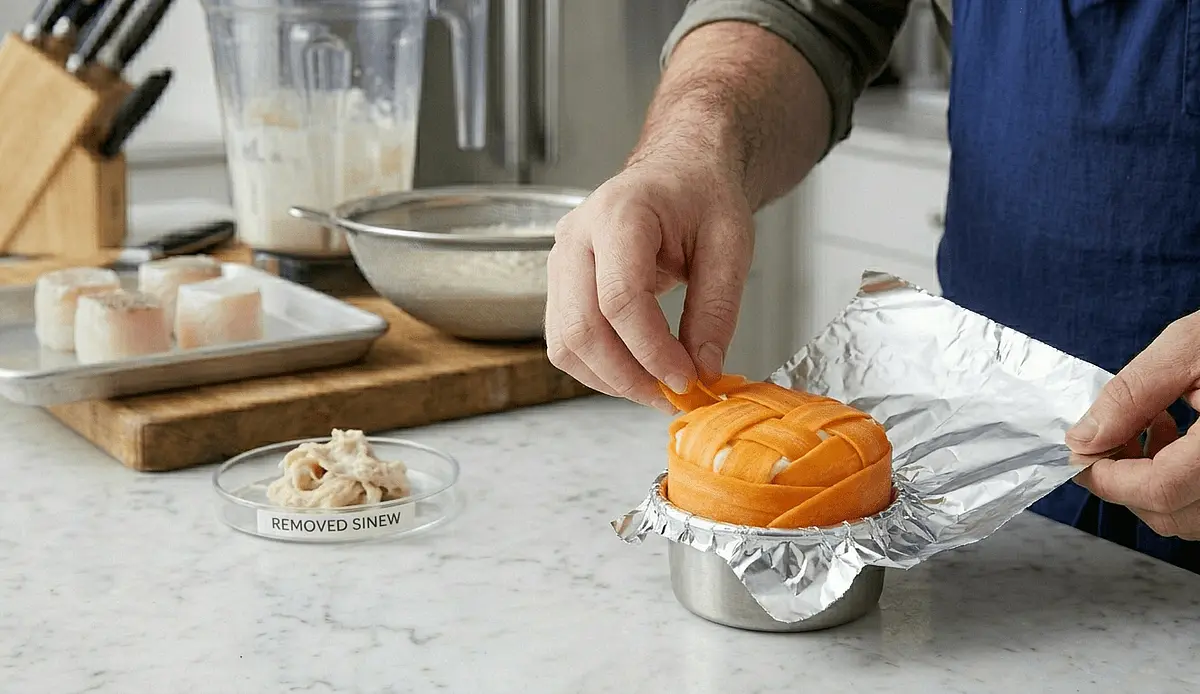 Sealing: Fold the overhanging vegetable ribbons over the mousse to seal the package. Cover tightly with foil.