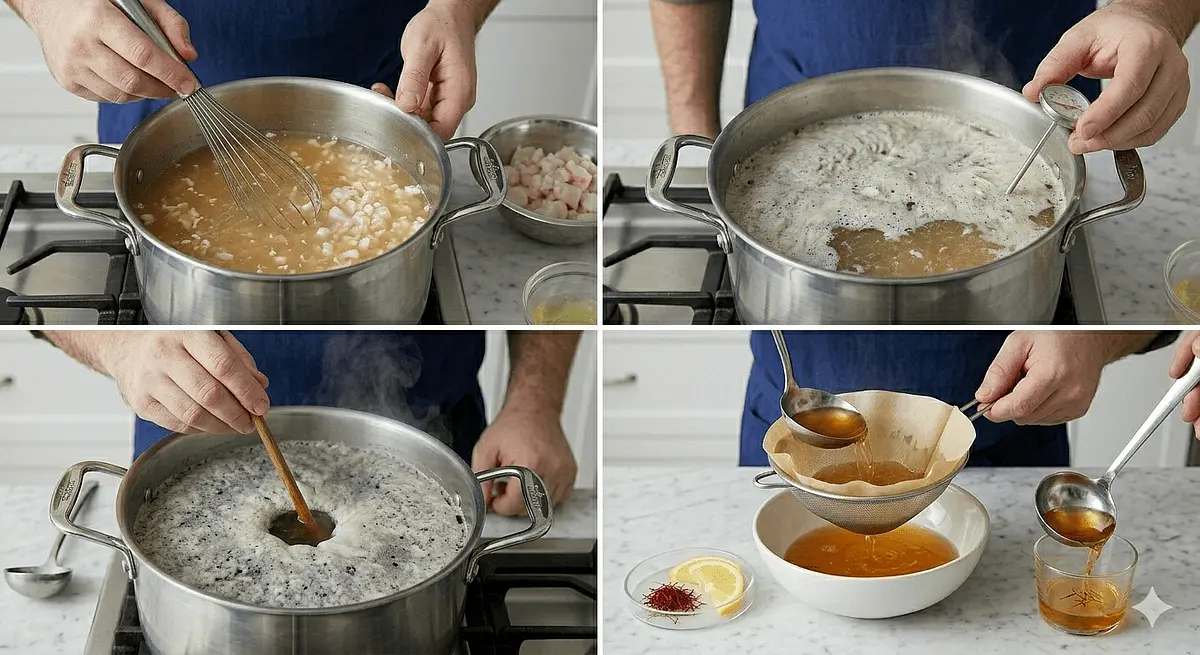 The Clarification (The Raft): * Whisk your cold fish stock, minced fish, and egg whites in a pot.
​Heat slowly. As it reaches a simmer, a "raft" of solids will rise to the top.
​Gently poke a hole in the center of the raft. Simmer for 20 minutes; the raft acts as a natural filter, pulling all clouds out of the liquid.
​Ladle the clear liquid through a coffee filter. Add saffron and a squeeze of Meyer lemon to finish.