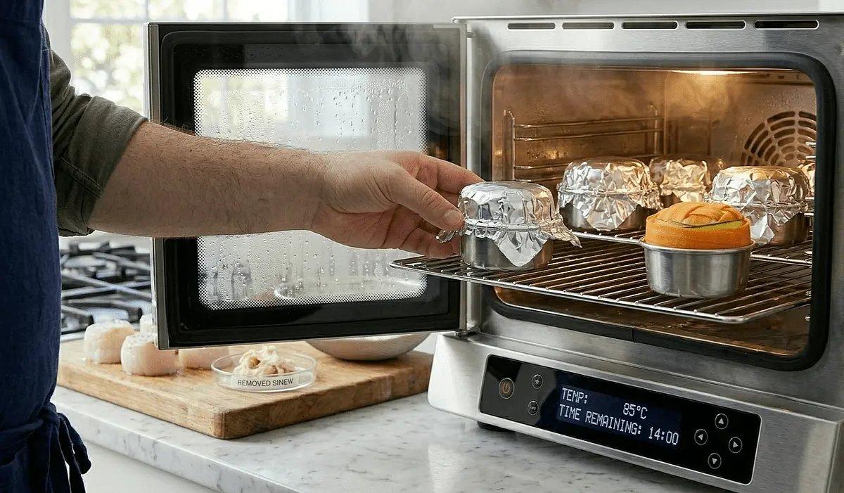 Steam: Place the molds in a steamer at 85°C Sealing: Fold the overhanging vegetable ribbons over the mousse to seal the package. Cover tightly with foil.for exactly 14 minutes.