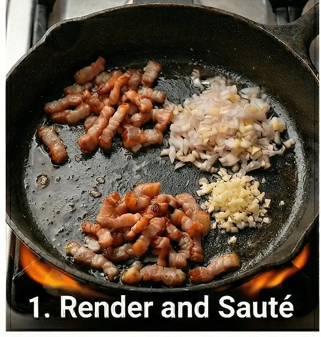 Add the bacon to a cold pan and bring to medium heat. Once the bacon is golden and the fat has rendered, add the eschallots. Sauté for 2–3 minutes until soft, then add the garlic for 30 seconds until fragrant.
