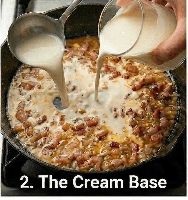 Sprinkle the flour over the bacon and aromatics, stirring for 1 minute to cook out the "raw" taste. Slowly pour in the cream, stirring constantly. Let it simmer gently for 2 minutes to thicken.