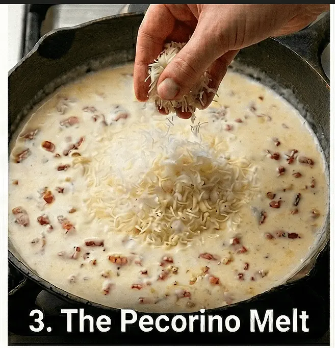 Stir the Pecorino Romano directly into the simmering cream sauce. Whisk until the cheese is completely melted and the sauce is smooth and glossy.