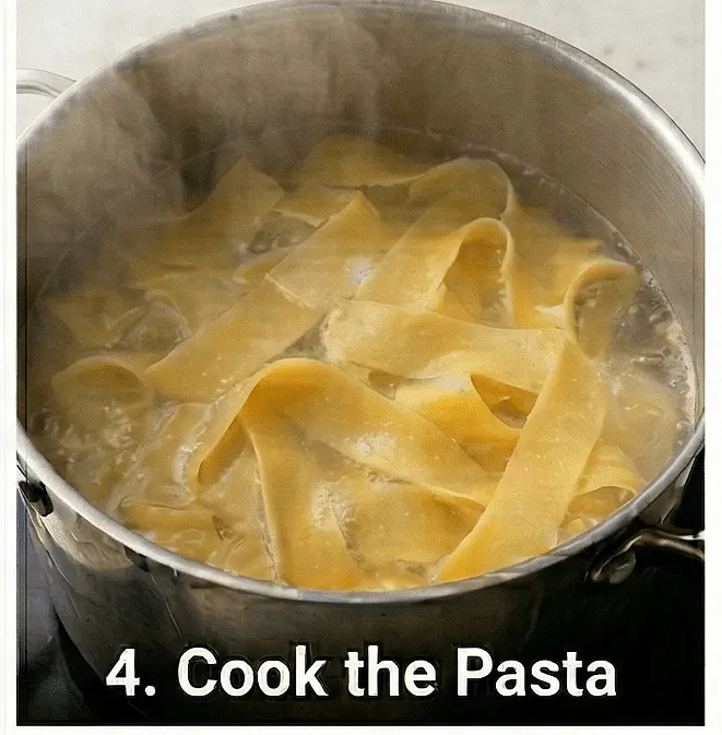Boil your fresh pappardelle in salted water (usually 2–3 minutes). Reserve a cup of pasta water before draining.