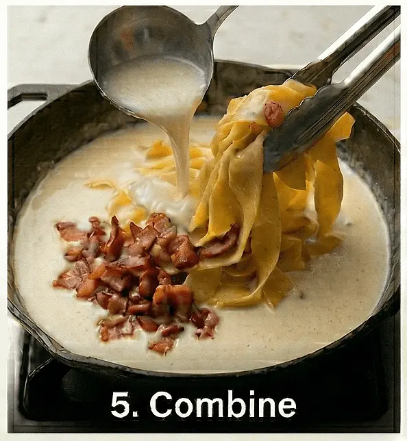 Toss the cooked pappardelle and 1/4 cup of the pasta water into the cream sauce. Stir for 30 seconds so the wide ribbons are fully coated.