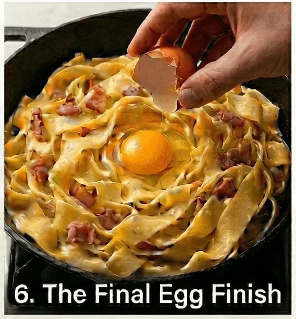 Remove the pan from the stove entirely. Move it to a cool burner. In a small bowl, give your egg a quick whisk, then pour it over the pasta.