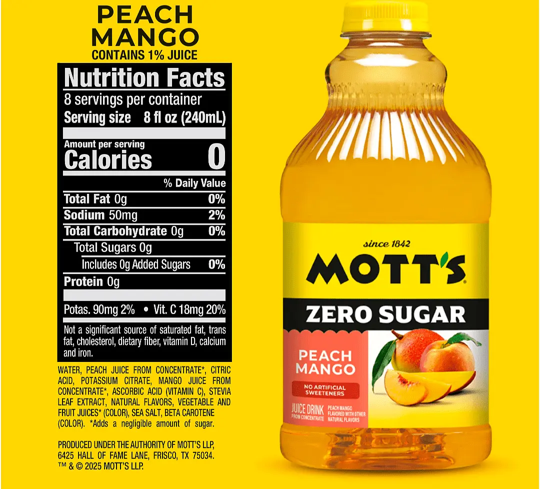 This is the juice that I'm using. It's a zero sugar mango/peach fruit juice that's sweetened with stevia, and has 0 calories https://www.walmart.com/ip/19162571740?sid=f411aeab-3b49-4071-909c-bb3b254bb413