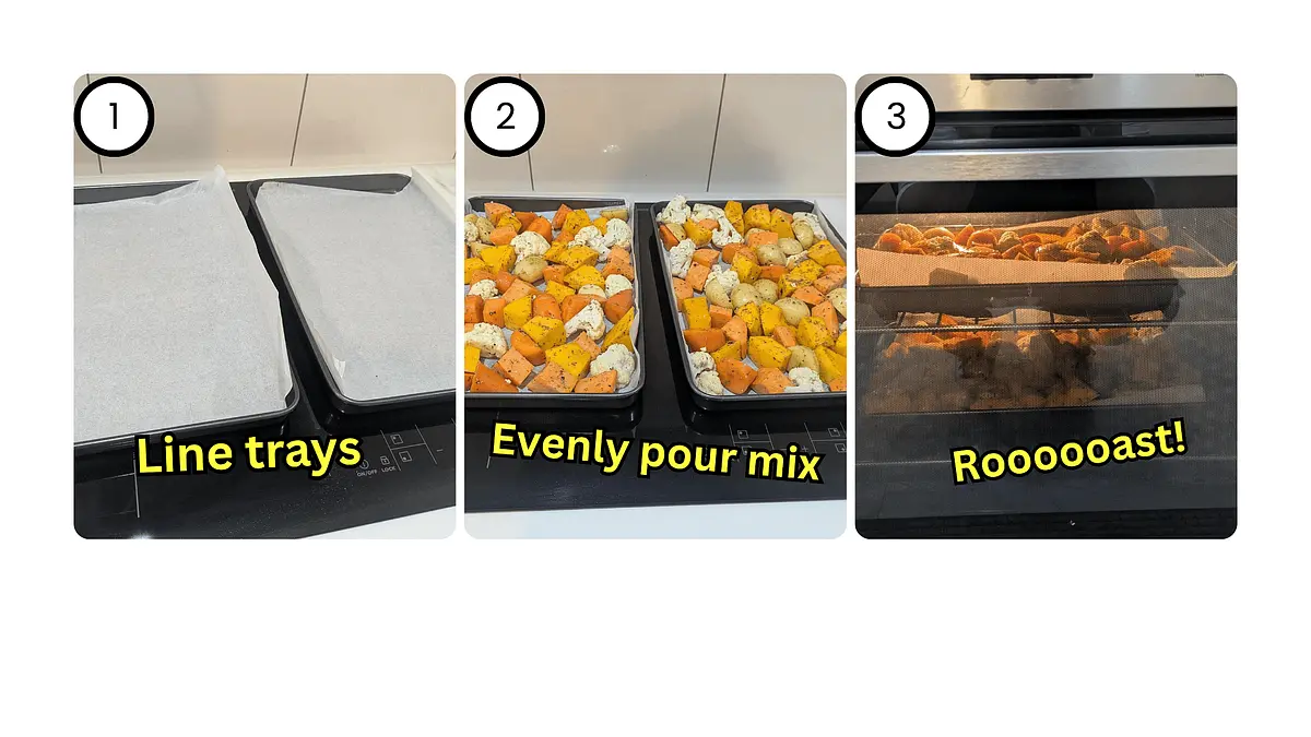 Line trays with baking paper. Pour the mix on both trays, try and spread the mixture all over so it cooks evenly!Place trays in oven. Cook for 25 minutes, then take them out and change tray orientation, then cook for another 20 minutes.