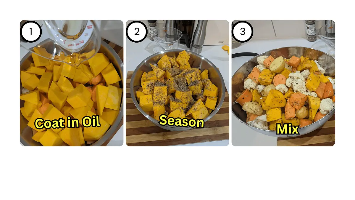 Pour the oil across the veggies. Add Mixed herbs, salt, and pepper. Mix it all together. It might help to repeatedly transfer between two bowls to help with the mixing process!