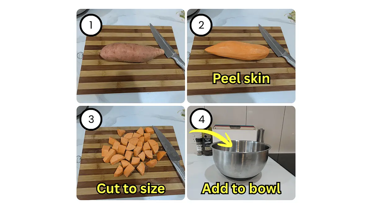 Prepare the sweet potato - For all the veggies, try and keep them to a similar size/shape so they cook at a similar rate.
