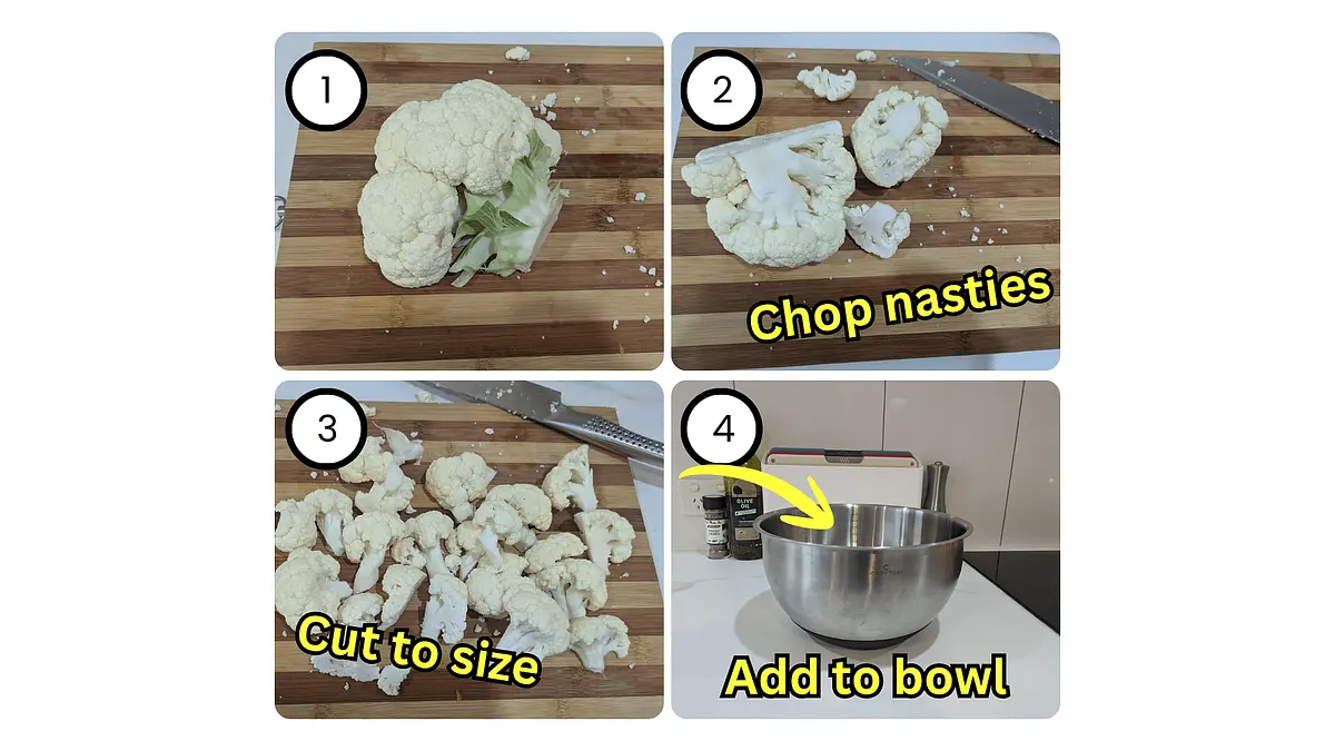 Prepare the Cauliflower. Try chop off all of the green nasty bits. You'll be breaking them down into their little tree versions called "florets". How quaint!