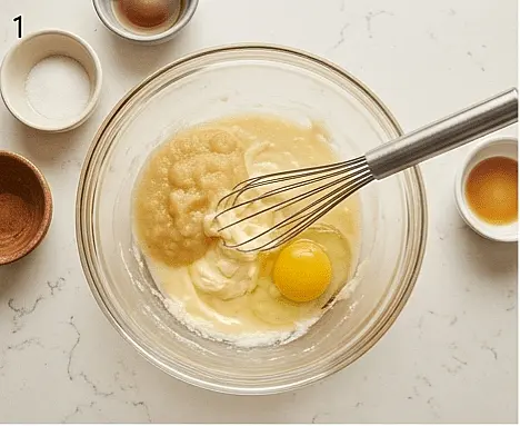 In a medium bowl, beat the softened butter and unsweetened applesauce together until uniform. Whisk in the whole egg and vanilla extract until the mixture is completely smooth and creamy.