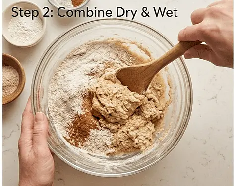 In a separate bowl, whisk together the oat flour, whole wheat flour, baking powder, cinnamon, and salt. Pour the dry mix into the wet ingredients. Stir until a solid dough forms, then use your hands to gently knead it a few times into a cohesive ball.