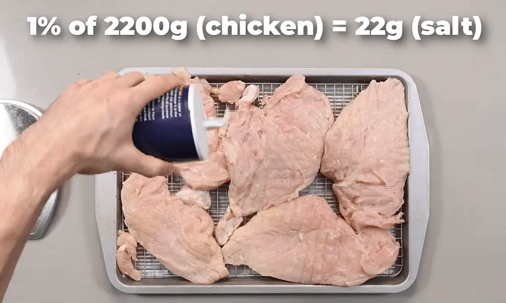 Prepare the Chicken
Trim away any connective tissue and large tendons.
Pound each breast to an even thickness using a meat mallet.
Weigh the chicken and add salt to both sides equal to 1% of its weight.
Place on a wire rack over a sheet pan.
Refrigerate for 1 hour to 24 hours