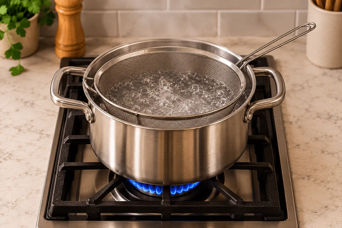 Grab a sieve to put over the pot and into the boiling water.