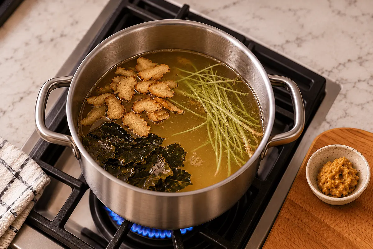 Add the dried galangal, coriander stems and add the kaffir lime leaves. Bring to a rolling boil.