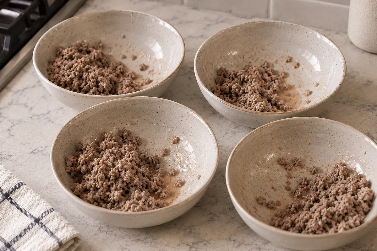 Split the mince directly from the strainer into 4 bowls. You can use the same wooden spoon.