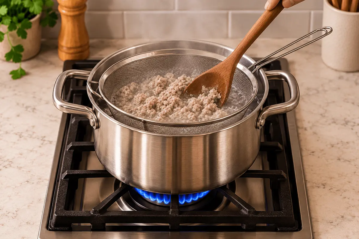 Add the mince to the sieve in the pot and break up. It is cooked when it is no longer pink.