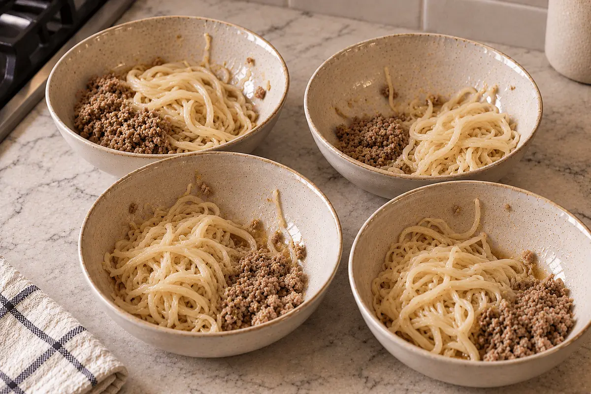 Split the noodles into those four bowls.