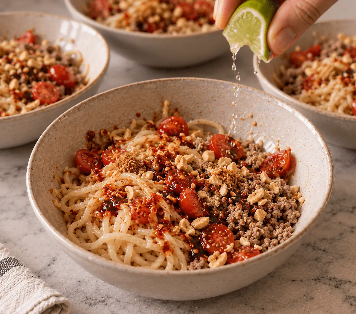 Sprinkle the seasonings and cherry tomatoes over the pork and noodles.