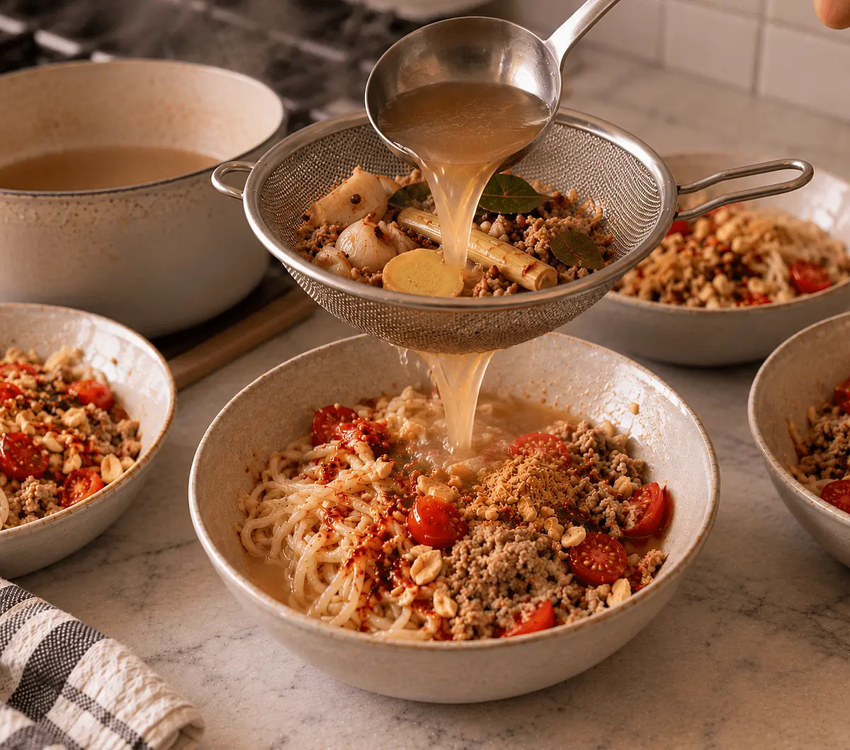 Ladel the broth over the strainer directly into the bowls.