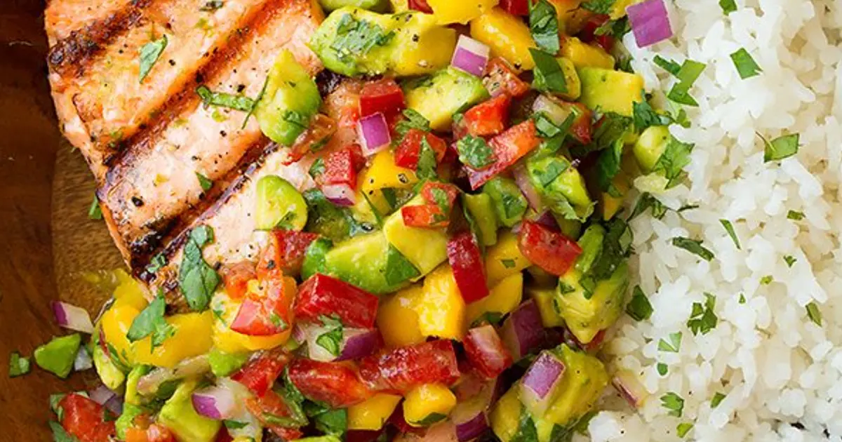Grilled Salmon with Mango Salsa and Coconut rice Recipe | Samsung Food App