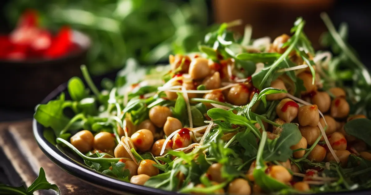 Vegan Chickpea and Arugula Salad with Tangy Peanut Sriracha Dressing Recipe | Samsung Food App