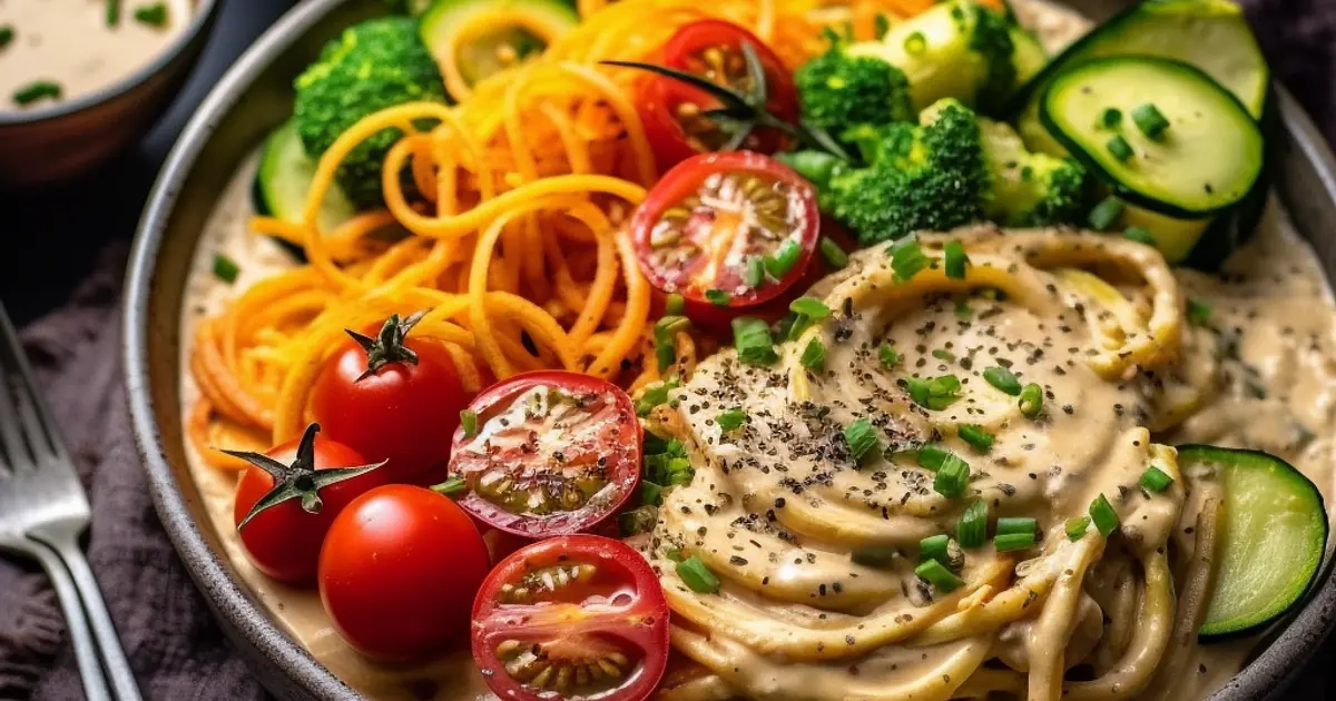 Creamy Vegan Spaghetti with Fresh Veggies and Hummus Sauce Recipe | Samsung Food App