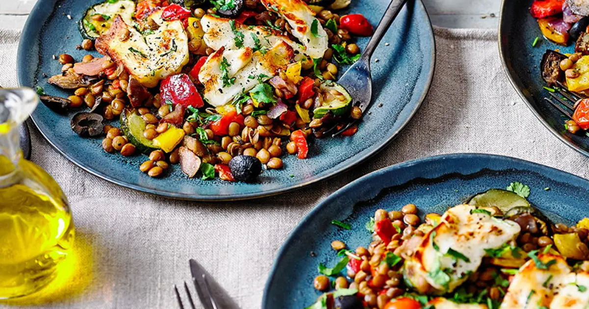 Halloumi and lentil tray bake Recipe | Samsung Food App